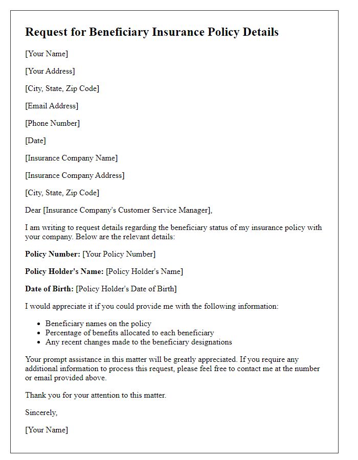 Letter template of beneficiary insurance policy details request