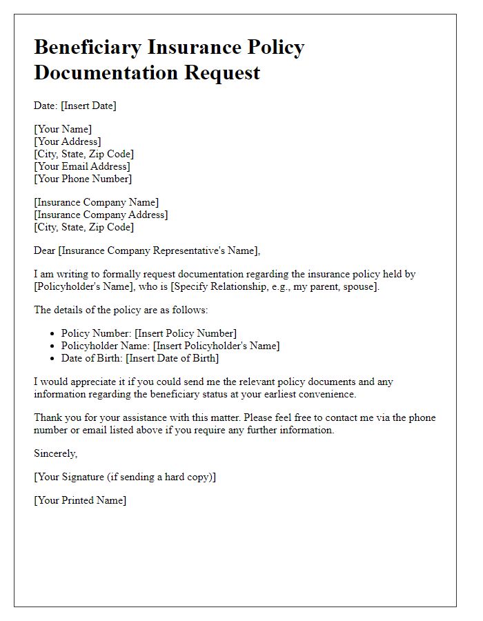 Letter template of beneficiary insurance policy documentation request