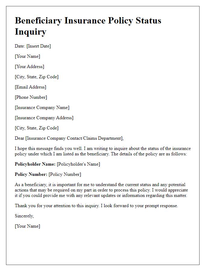 Letter template of beneficiary insurance policy status inquiry