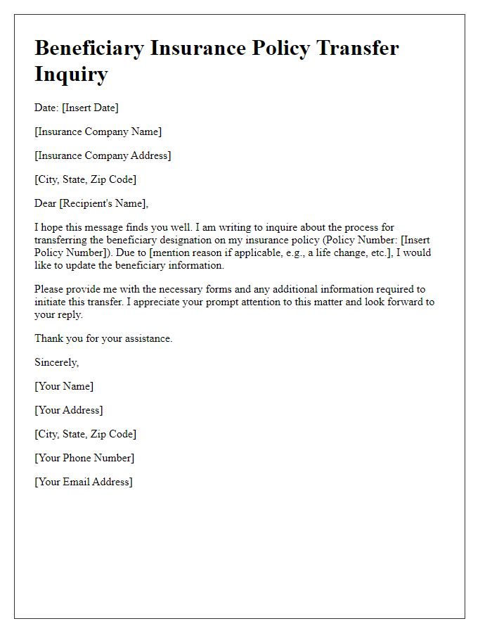 Letter template of beneficiary insurance policy transfer inquiry