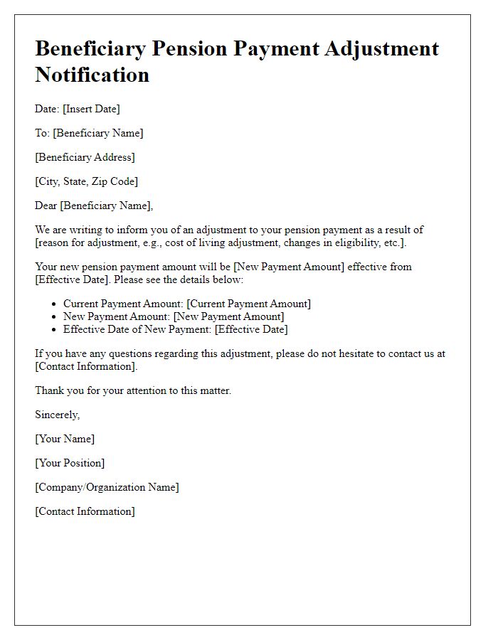 Letter template of beneficiary pension payment adjustment documentation