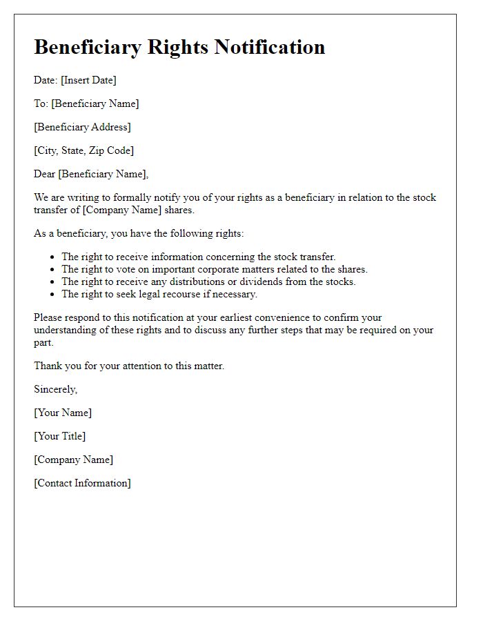 Letter template of beneficiary rights notification for stock transfer