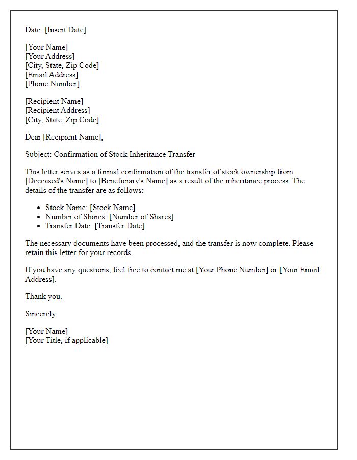 Letter template of confirmation of stock inheritance transfer