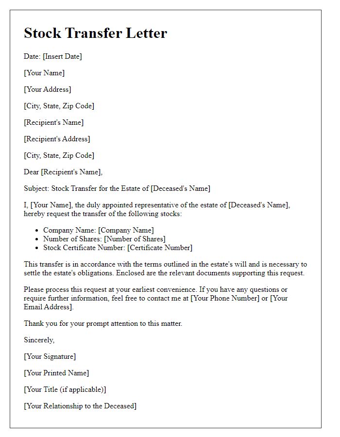 Letter template of estate representative stock transfer