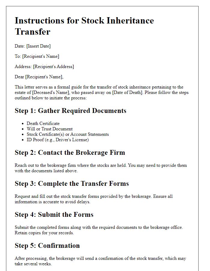 Letter template of instructions for stock inheritance transfer