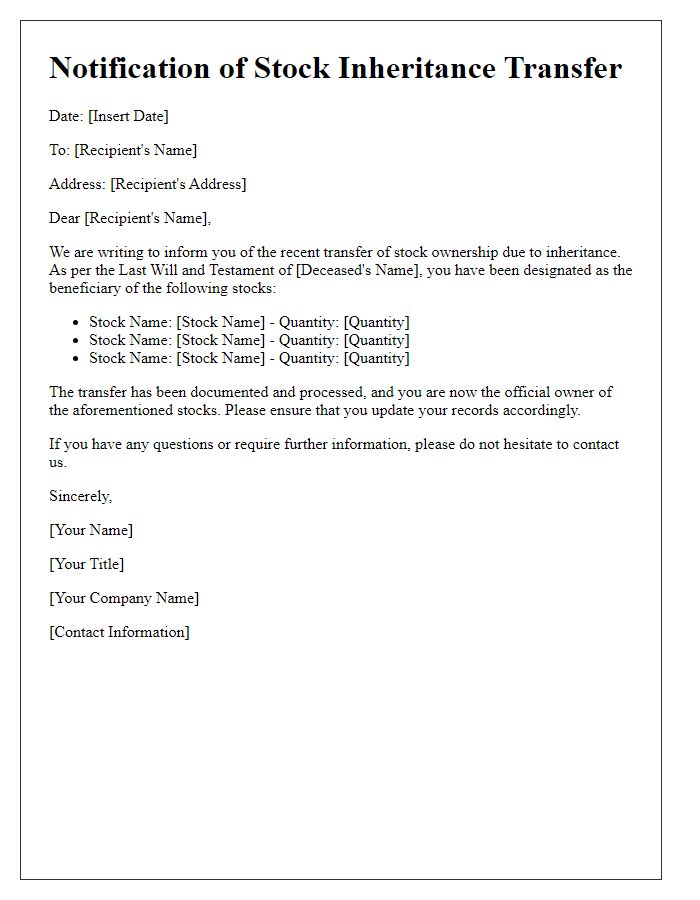 Letter template of notification for stock inheritance transfer