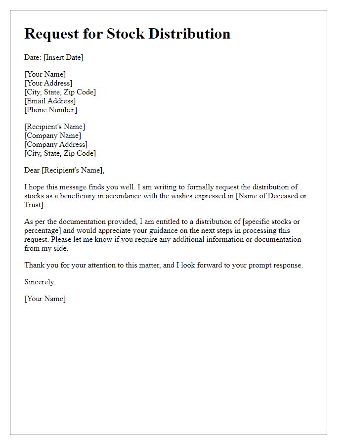 Letter template of request for stock distribution as beneficiary