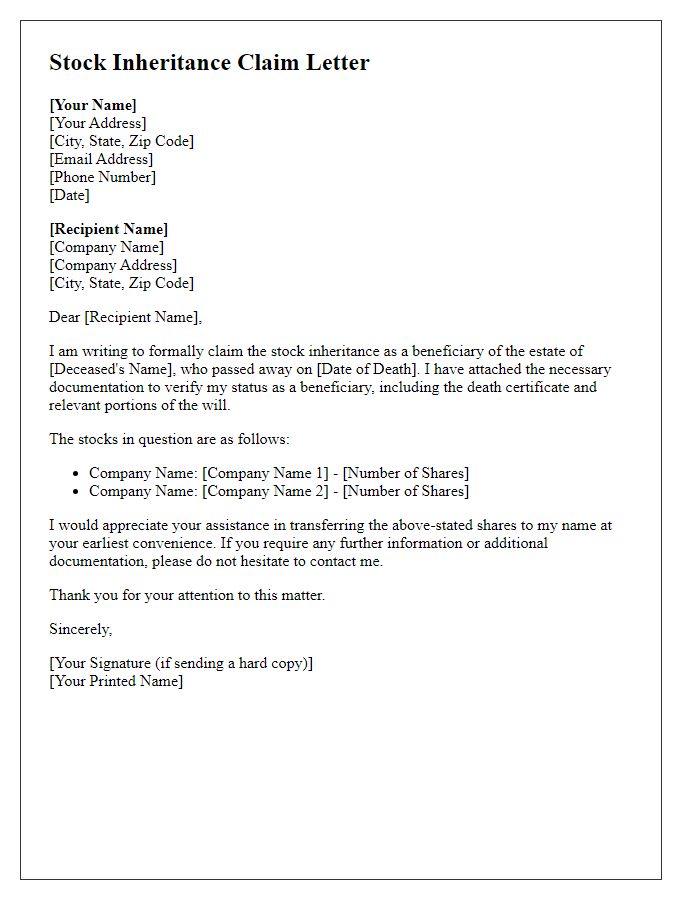 Letter template of stock inheritance claim for beneficiaries