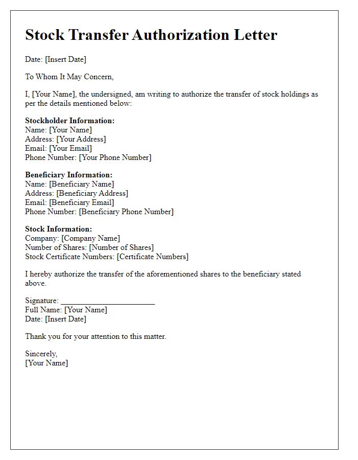 Letter template of stock transfer authorization for beneficiaries