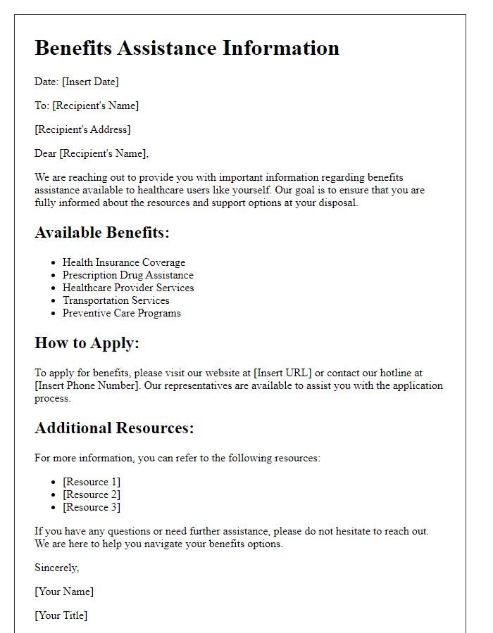 Letter template of benefits assistance information for healthcare users