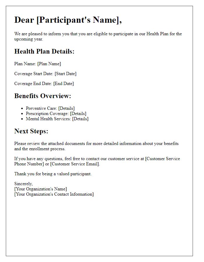 Letter template of health plan information for eligible participants