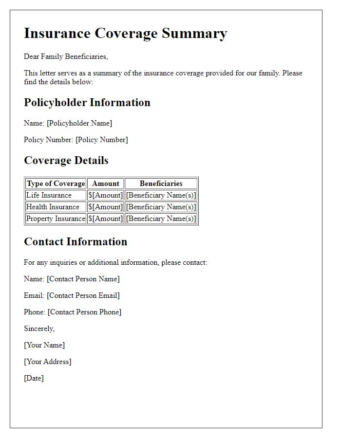 Letter template of insurance coverage summary for family beneficiaries