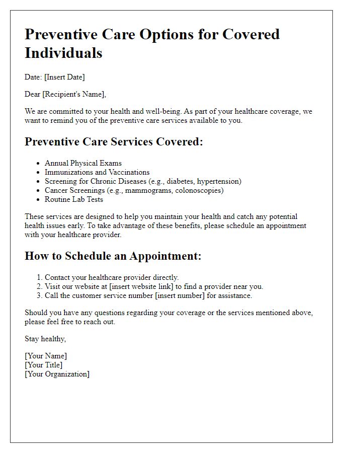 Letter template of preventive care options for covered individuals