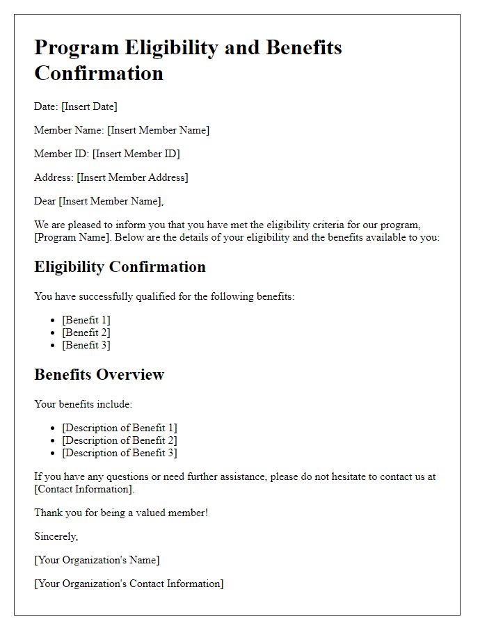 Letter template of program eligibility and benefits for members