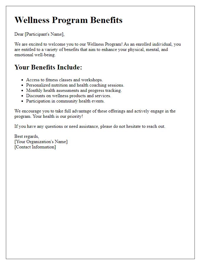 Letter template of wellness program benefits for enrolled individuals
