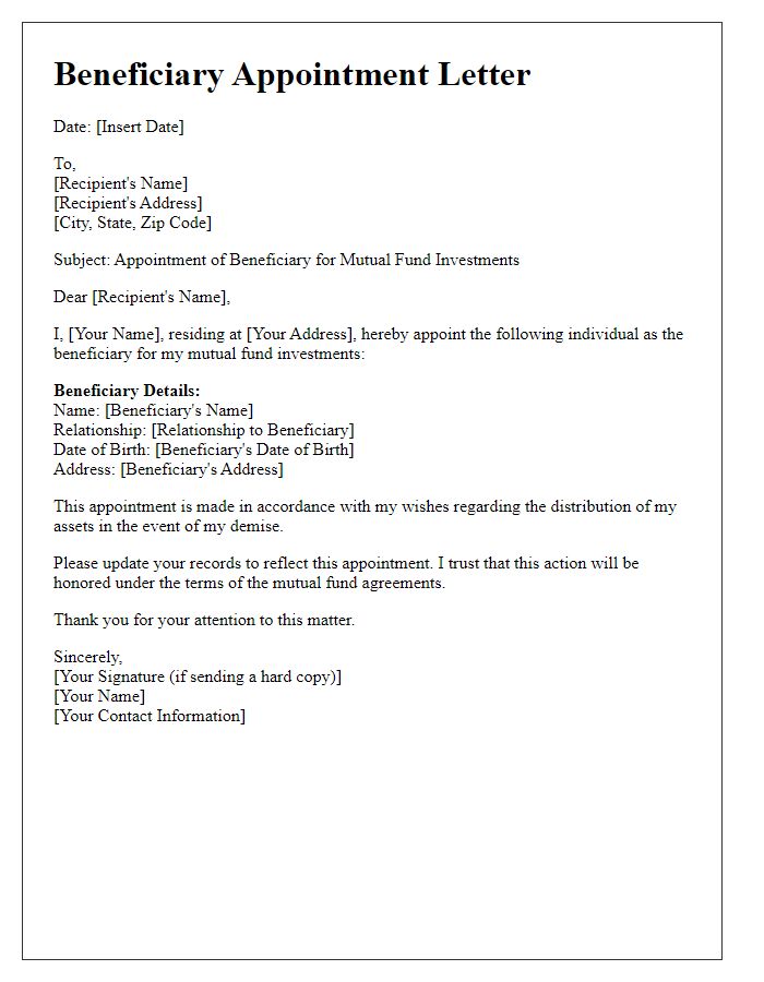 Letter template of beneficiary appointment for mutual fund investments