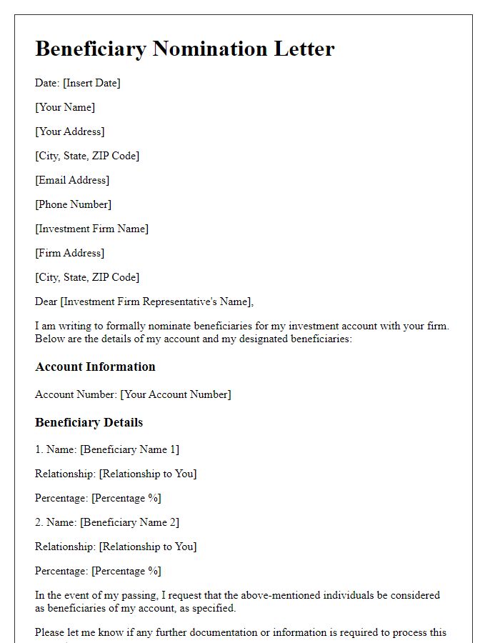 Letter template of beneficiary nomination for investment accounts