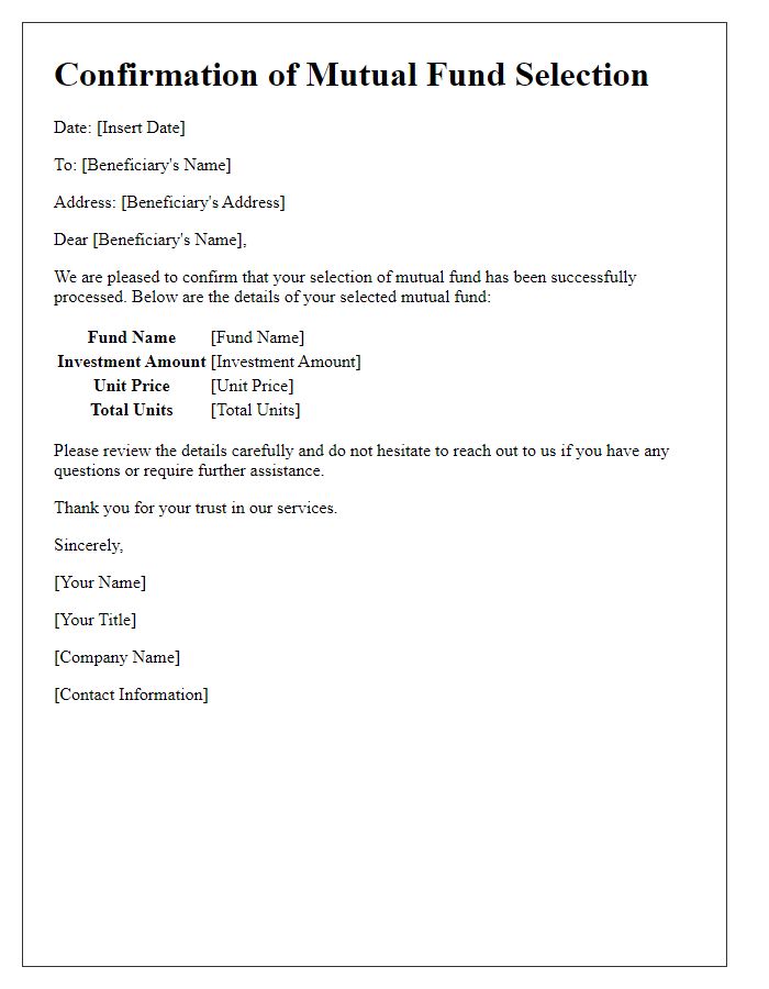 Letter template of confirmation for beneficiary mutual fund selection