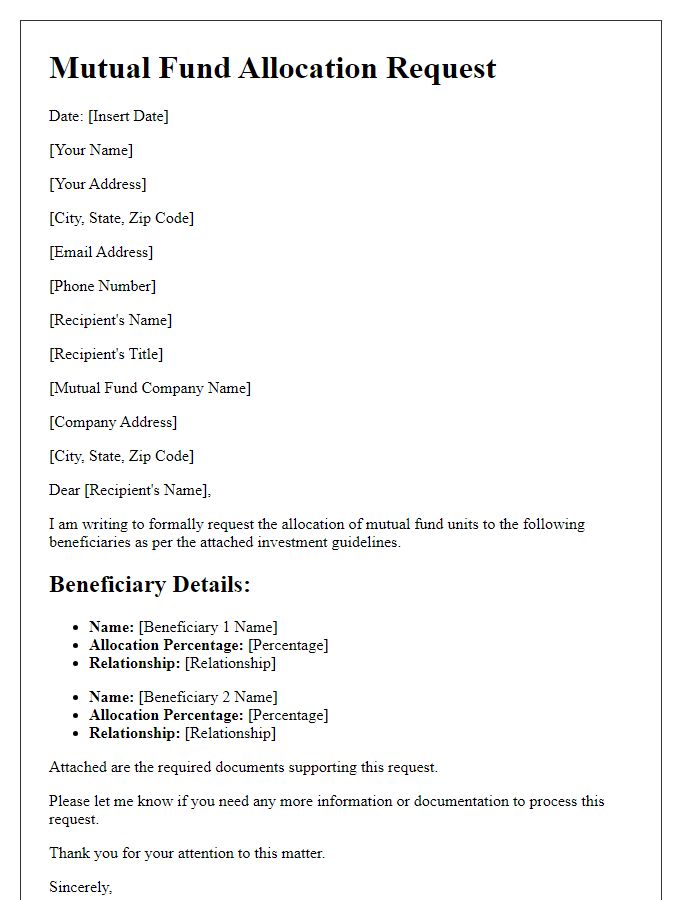 Letter template of mutual fund allocation request for beneficiary