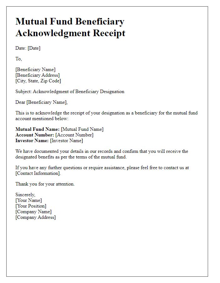 Letter template of mutual fund beneficiary acknowledgment receipt