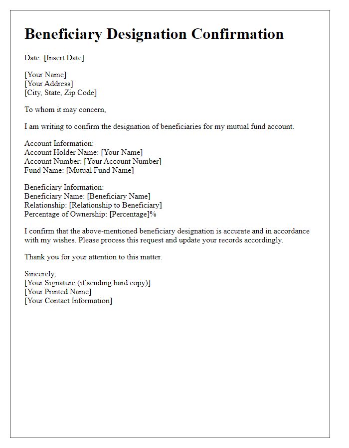 Letter template of mutual fund beneficiary designation confirmation