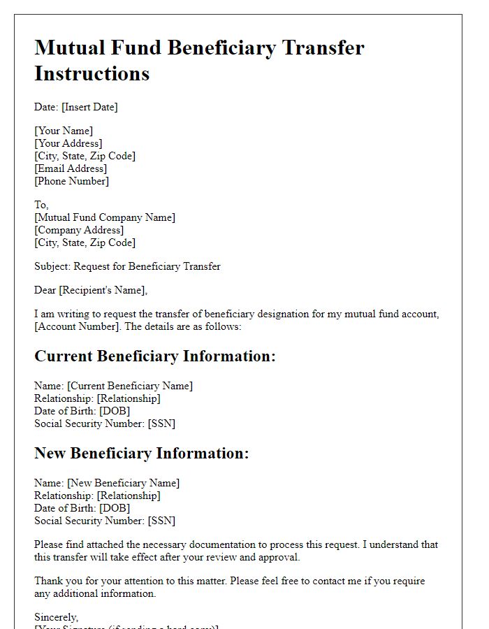 Letter template of mutual fund beneficiary transfer instructions