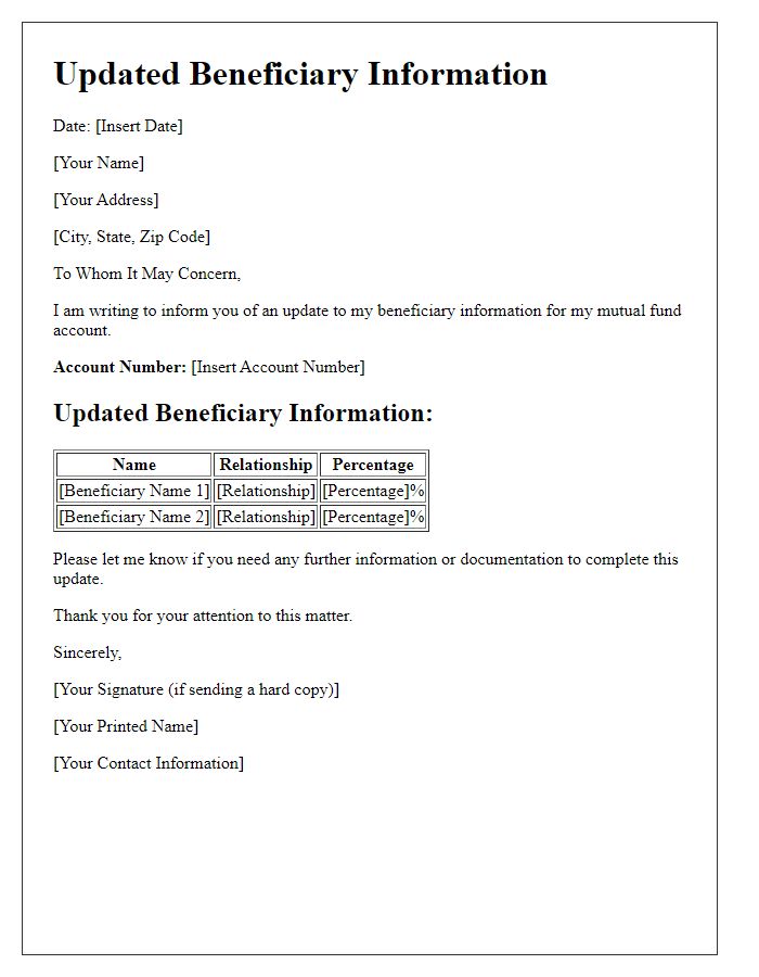 Letter template of updated beneficiary information for mutual fund