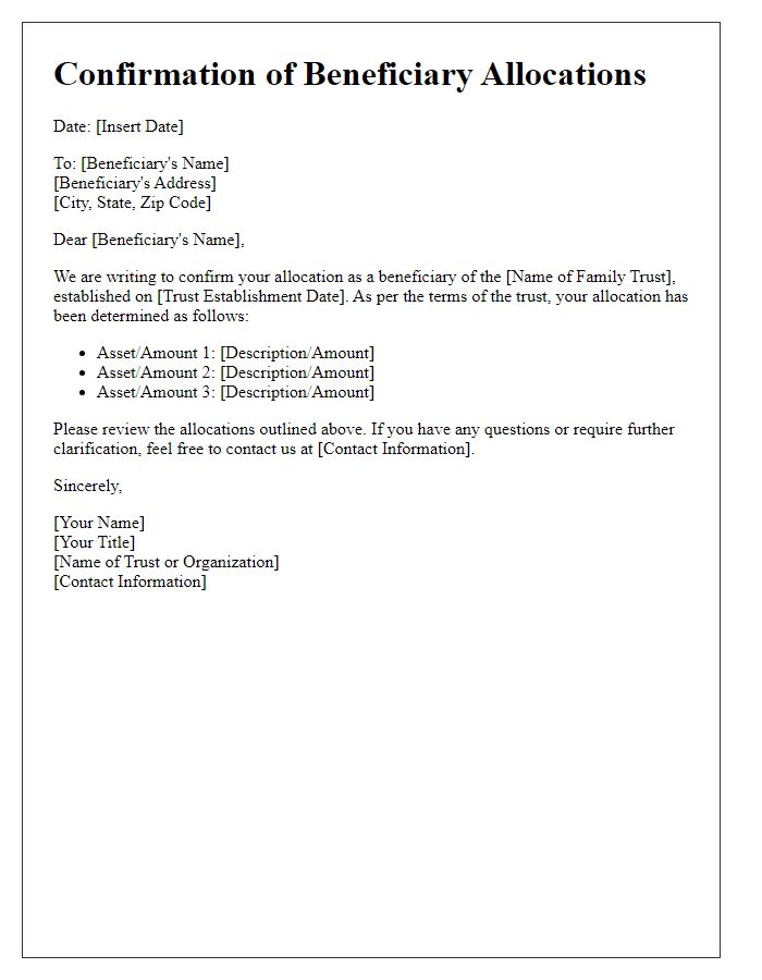 Letter template of confirmation needed for family trust beneficiary allocations.