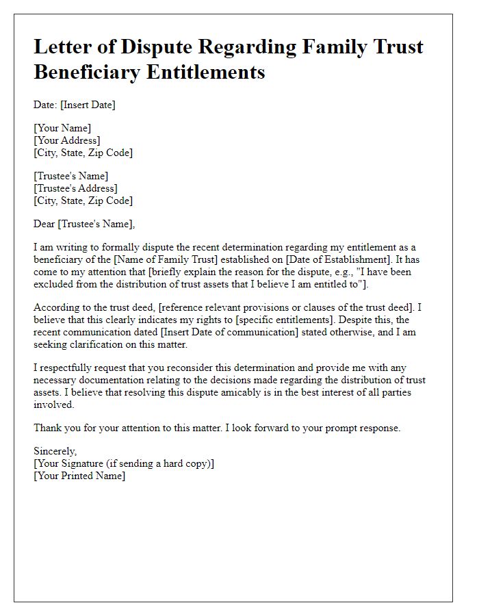 Letter template of dispute regarding family trust beneficiary entitlements.