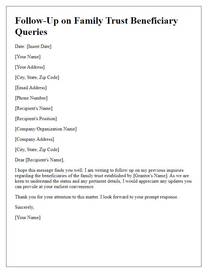 Letter template of follow-up on family trust beneficiary queries.