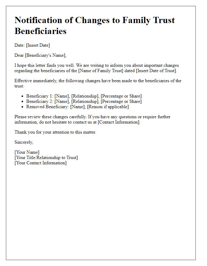 Letter template of notification of family trust beneficiary changes.