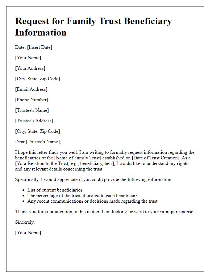 Letter template of request for family trust beneficiary information.