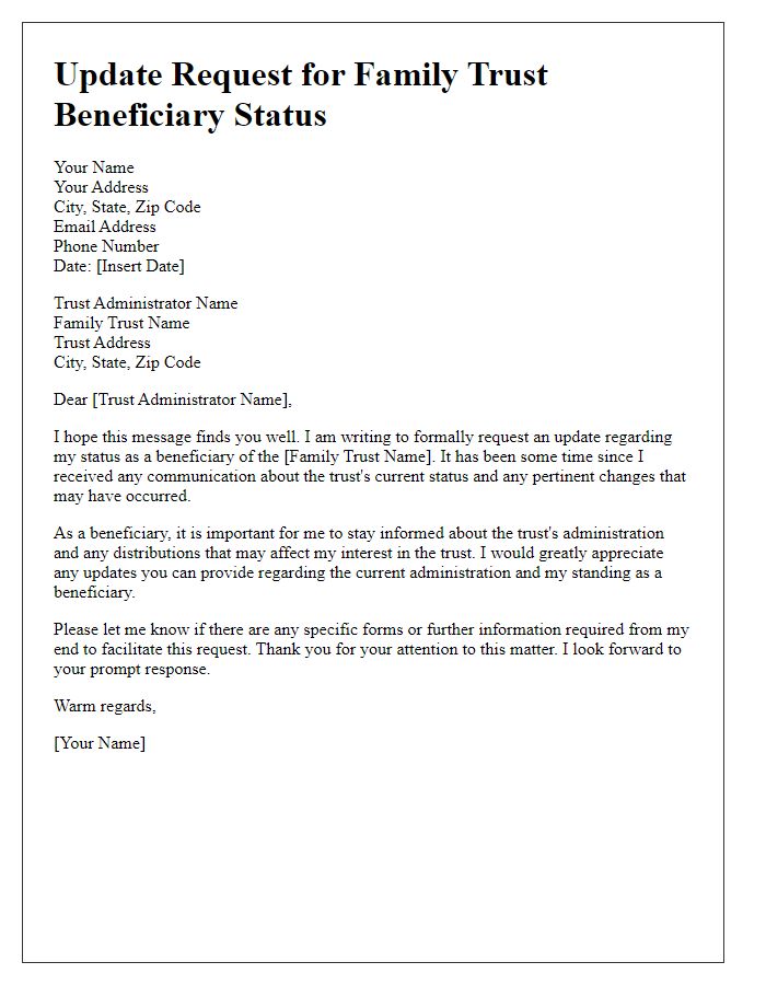 Letter template of update request for family trust beneficiary status.