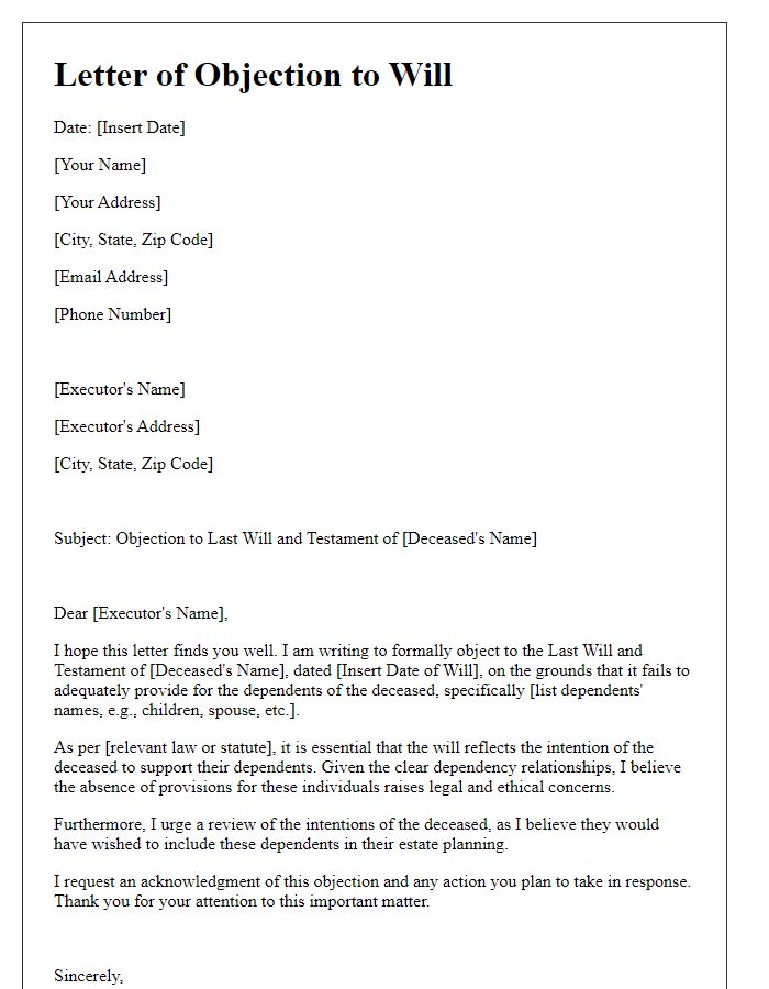 Letter template of beneficiary objection to will for failure to include dependents.