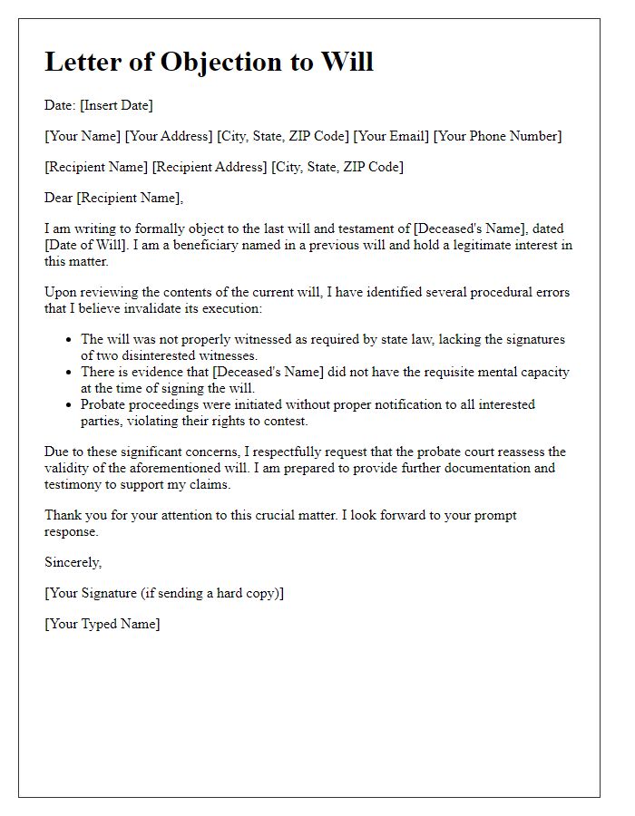 Letter template of beneficiary objection to will highlighting procedural errors.