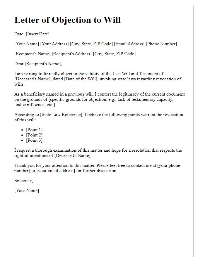 Letter template of beneficiary objection to will invoking state laws for revocation.