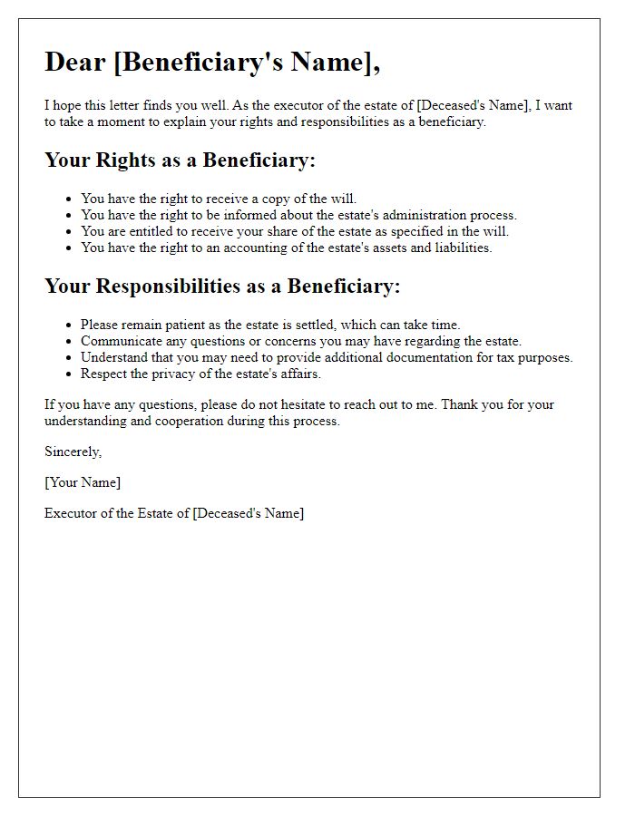 Letter template of estate executor explaining beneficiary rights and responsibilities