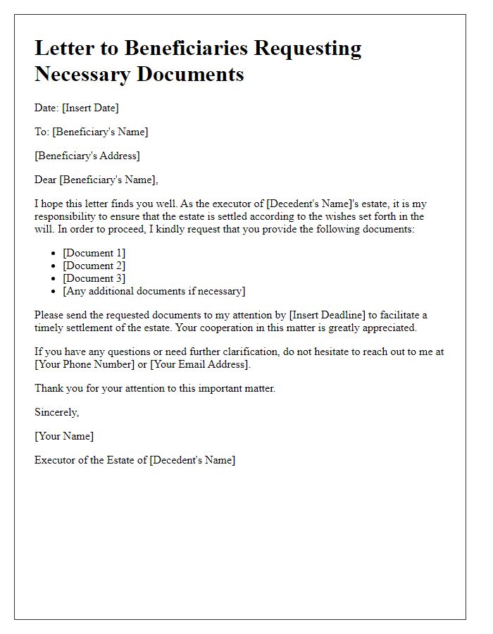 Letter template of executor to beneficiaries for requesting necessary documents