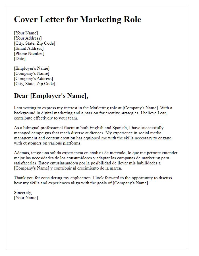 Letter template of a bilingual job application cover letter for a marketing role.