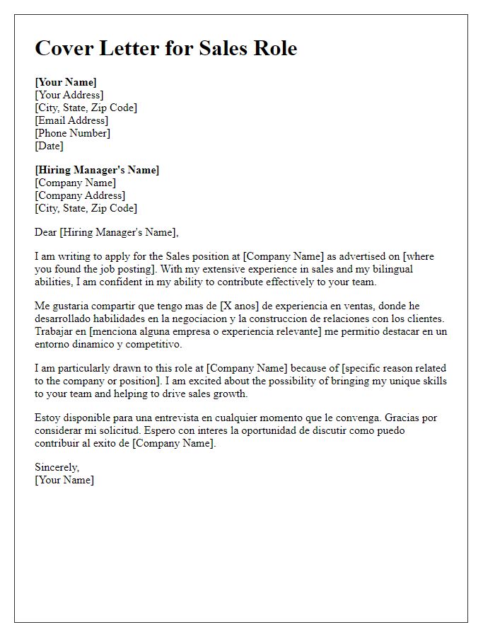 Letter template of a bilingual job application cover letter for a sales role.