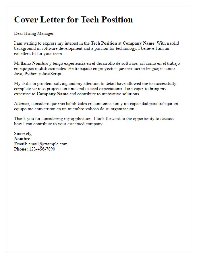 Letter template of a bilingual job application cover letter for a tech position.