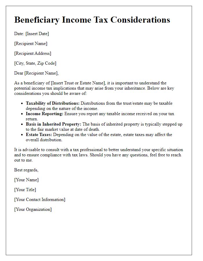 Letter template of beneficiary income tax considerations