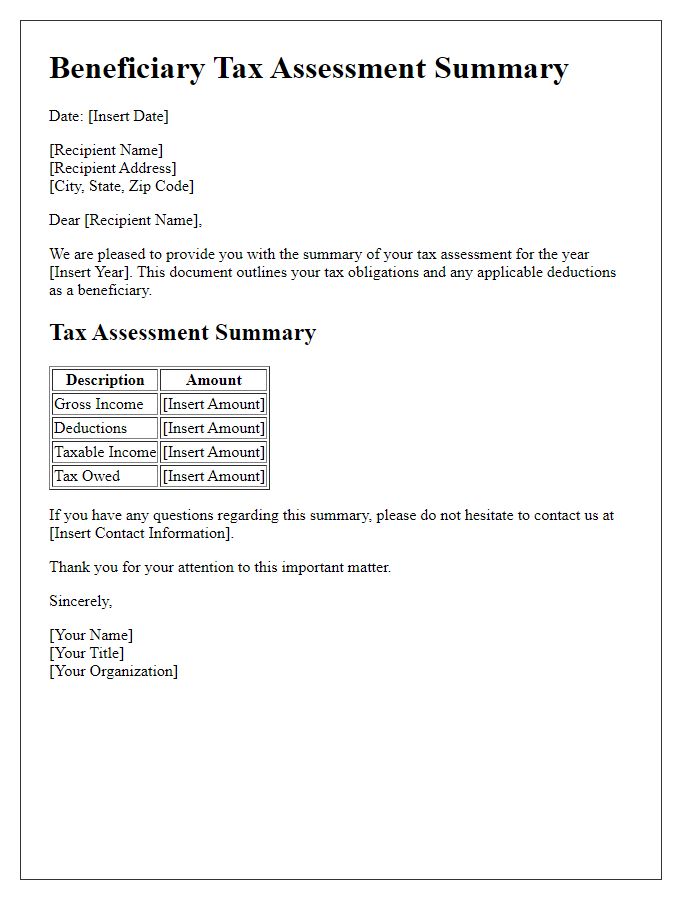 Letter template of beneficiary tax assessment summary