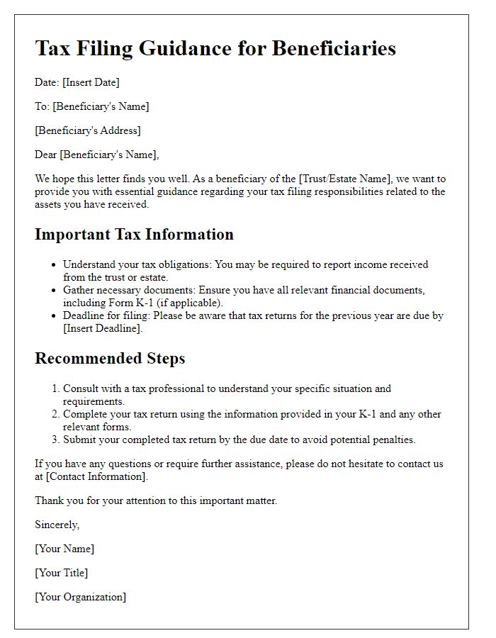 Letter template of beneficiary tax filing guidance