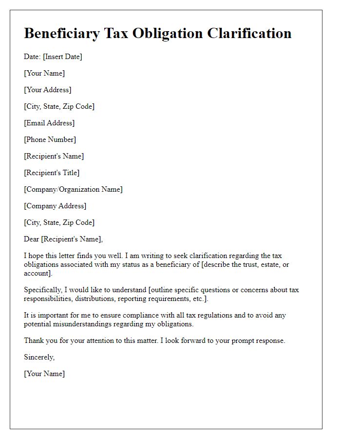 Letter template of beneficiary tax obligation clarification