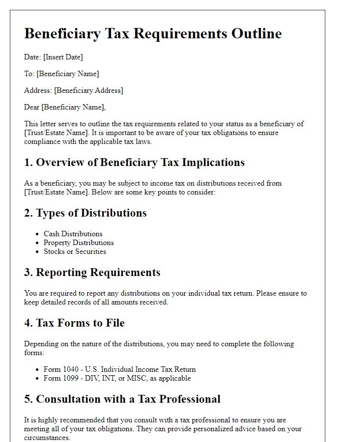 Letter template of beneficiary tax requirements outline