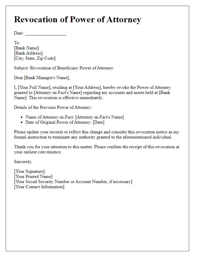 Letter template of beneficiary power of attorney revocation for banks.