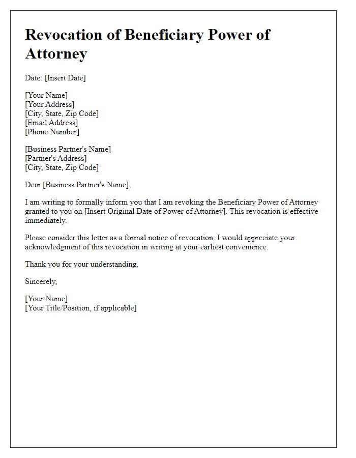 Letter template of beneficiary power of attorney revocation for business partners.