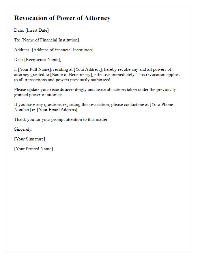 Letter template of beneficiary power of attorney revocation for financial institutions.