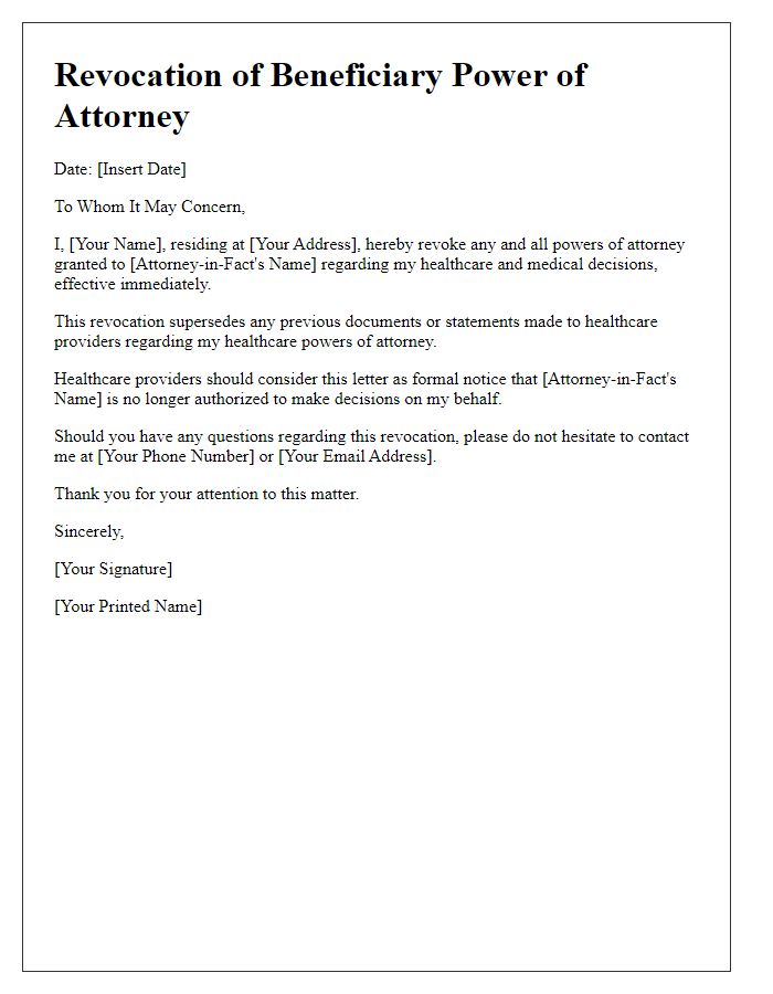 Letter template of beneficiary power of attorney revocation for healthcare providers.